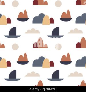 Vector Seamless pattern with abstract shapes, mountains, lake, sun, cloud. Abstract natural landscape. For wrapping paper, scrapbooking, fabric, wallp Stock Vector