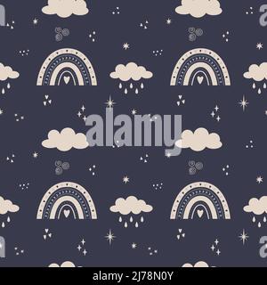 Vector Seamless pattern with boho rainbow, clouds, stars, rain on a dark background. Backdrop for wrapping paper, scrapbooking, fabric, baby textiles, Stock Vector