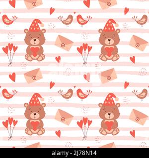 Seamless pattern with cute teddy bear, envelope, balloons, birds, hearts. Color vector illustration on striped pink background. Perfect for wrapping p Stock Vector