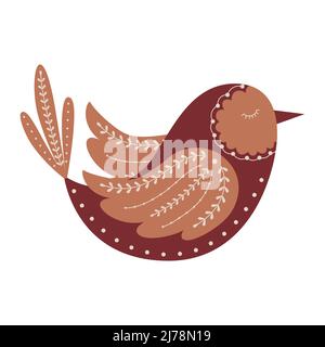 A flying beige-brown bird with closed eyes. With folk elements, twigs, dots. A mysterious decorative element for design. Color vector illustration iso Stock Vector