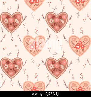 Vector Seamless pattern with creative floral hearts with simple twigs, flowers. Color backdrop for wrapping paper, greeting card, scrapbooking, fabric Stock Vector