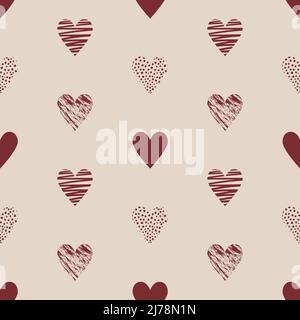 Vector Seamless pattern with simple textured, hatched hearts for Valentine's day. Beige background. Great for wrapping paper, textiles, fabric, T-shir Stock Vector