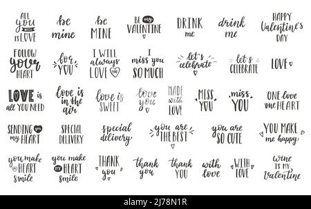 A set of handwritten words and phrases for Valentine's Day, birthday, other holidays. Hand lettering. Quotes for postcards, gift tags, labels. Black w Stock Vector