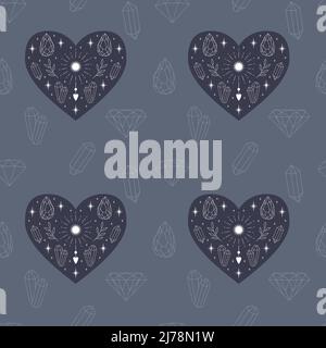 Vector seamless pattern with creative hearts with outline crystals, herbs, sun, stars. Mystical elements on a blue background. For wrapping paper, scr Stock Vector