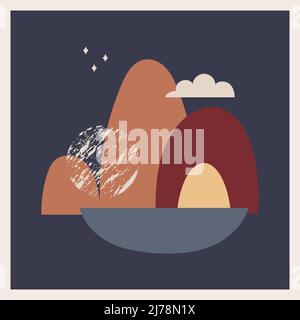 A postcard with abstract, textural shapes and elements, a mountain, a lake, a cloud. Boho landscape. Square poster, print. Minimal and natural wall ar Stock Vector