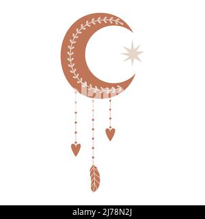Boho, celestial element. A star and a crescent moon with a hanging feather, hearts. A mystical, esoteric, mysterious symbol. Vector illustration isola Stock Vector