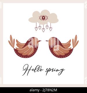 A square postcard with birds in Scandinavian style and a mystical cloud with an open eye symbol and hearts. Hello spring. A card with boho elements. C Stock Vector