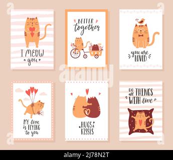 A set of greeting cards, posters for Valentine's Day with handwritten lettering phrases and cute cats in love. Cats are hugging, riding a bicycle, giv Stock Vector