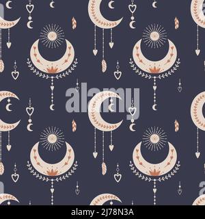 Vector seamless pattern with mystical celestial elements, crescent moon, dreamcatcher, sun, hanging feathers. Backdrop for wrapping paper, scrapbookin Stock Vector