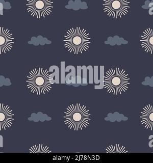 Vector Seamless pattern with simple celestial elements, sun, cloud. Minimalistic backdrop on a dark blue background. Great for wrapping paper, textile Stock Vector