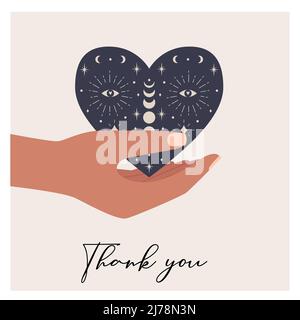 A postcard with a hand holding a heart with celestial and boho symbols, the moon, eyes, stars. Mystical, esoteric vector illustration isolated on a wh Stock Vector