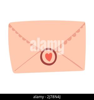A closed envelope with a stamp and a heart. A valentine, a love message. Decorative element for Valentine's day cards. Color vector illustration isola Stock Vector