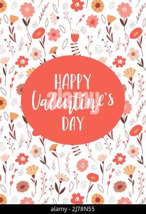 A cute Valentine's day card with a handwritten phrase - Happy Valentine's Day. On a bright patterned background with flowers, twigs and leaves. Color Stock Vector