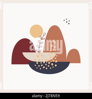 A postcard with abstract, textural forms and elements, the sun, mountains, a twig in neutral, pastel colors. Boho landscape. Square poster, print. Min Stock Vector