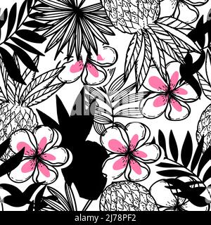 Seamless pattern of abstract tropical elements hand-drawn in sketch style. Monochrome with spots. Bright strelitia flowers, pineapple, palm leaves and Stock Vector