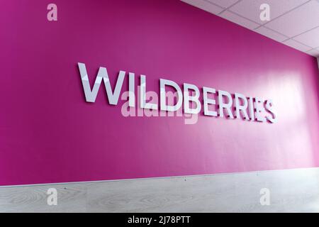 Krasnoyarsk, Russia - February 14, 2022: Close-up Wildberries logo.  Wildberries is the largest Russian online retailer Stock Photo