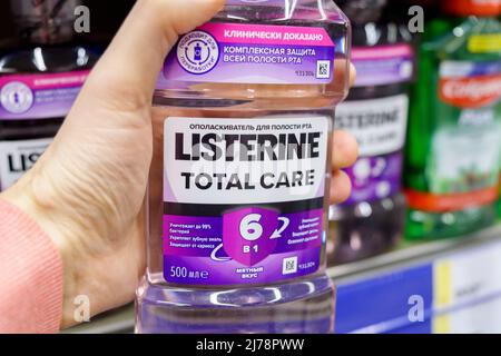 Tyumen, Russia-April 14 2022: Listerine antibacterial mouthwash the world leader in the market of mouthwashes Stock Photo