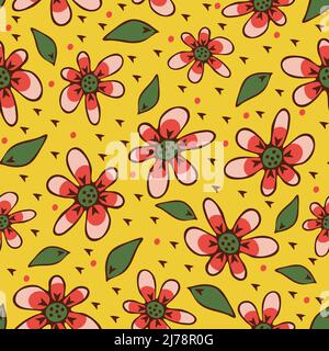 Seamless vector pattern with hand drawn flowers on yellow background. Bright summer floral wallpaper design. Happy children fashion textile. Stock Vector