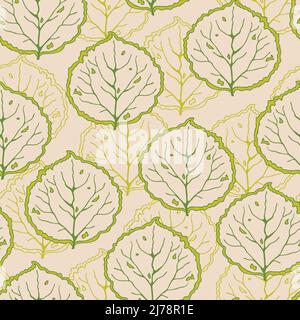 Seamless vector pattern with leaves on light green background. Simple decorative botany line art wallpaper design. Gentle autumn fashion textile. Stock Vector