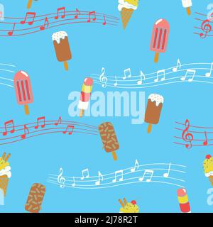 Seamless vector pattern with ice cream and music notes on blue background. Cute sweet food wallpaper design. Childish retro fashion textile. Stock Vector