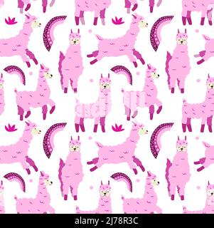 Seamless pattern of pink llamas, rainbows, peas and plants. Animals. llamas in different poses. Flat style vector. Suitable for children's textiles an Stock Vector