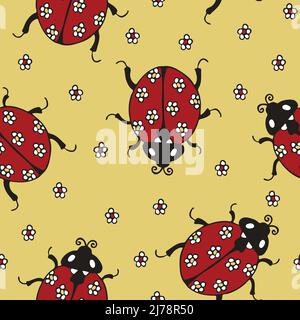 Seamless vector pattern with ladybugs and flowers on yellow background. Simple summer wallpaper design with ladybirds. Stock Vector