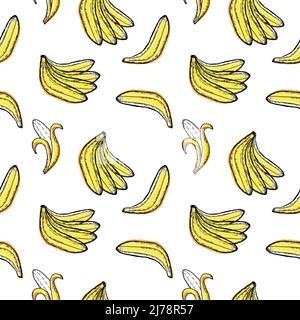 Seamless banana pattern, hand-drawn doodle in sketch style. Bananas open and unclosed. Vegan. Eco. Suitable for textile decoration, food packaging and Stock Vector