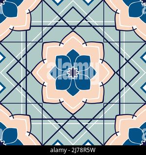 Seamless  vector pattern with geometrical flower on blue background. Romantic wall tile wallpaper design. Decorative Moroccan floral fashion textile. Stock Vector