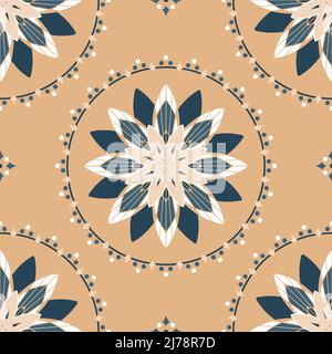 Seamless vector pattern with geometric flower circle on yellow background. Vintage floral wallpaper tile. Decorative native bloom fashion textile. Stock Vector