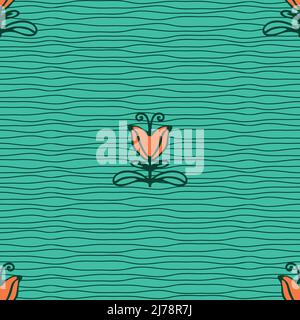 Seamless vector pattern with tulips on turquoise background. Romantic floral wallpaper design on blue. Flower fashion textile. Stock Vector