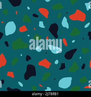 Seamless vector pattern with terrazzo texture on blue background. Simple mosaic grid wallpaper design with neon colours. Stock Vector