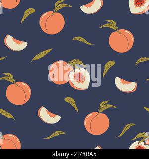Seamless vector pattern with peaches on blue background. Simple summer fruit wallpaper design. Decorative tropical fashion textile. Stock Vector