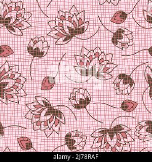 Seamless vector pattern with lotus flower on pink background. Simple floral textured wallpaper design. Water lily fashion textile. Stock Vector