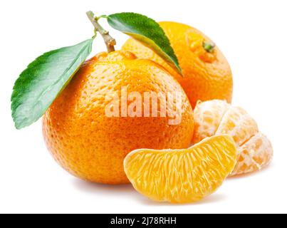 Orange tangerine fruits and slices isolated on white background. Stock Photo
