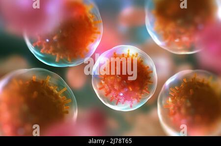 Cells of the body under a microscope. Viruses in the body. Research of stem cells. Cellular Therapy and Regeneration Stock Photo