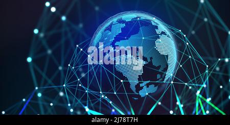 Holographic globe in a polygonal mesh 3D illustration. Business globalization, digital data planet, cyber security in the network. Online sales Stock Photo