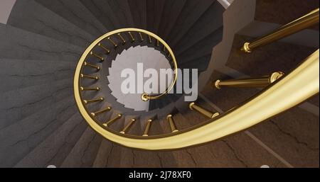 Abstract detail of a spiral staircase with gold handrails. Luxury abstract architectural minimalistic background. 3D illustration and rendering. Stock Photo