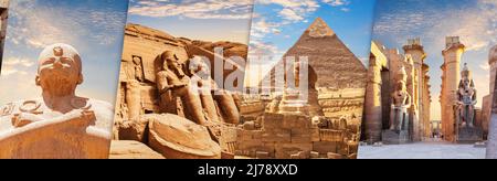 Karnak Temple, Abu Simbel Complex, the Sphinx and Pyramids, Luxor temple, beautiful collage of famous sights of Egypt Stock Photo