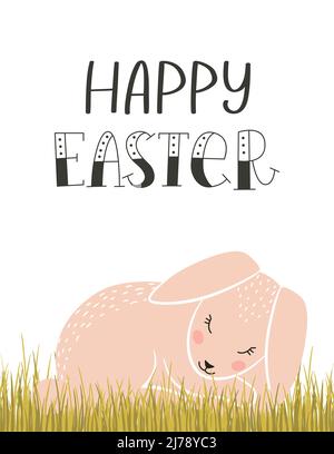 Easter greeting card with a cute pink Easter bunny sleeping in the grass and a hand lettering phrase - Happy Easter. Color flat cartoon vector illustr Stock Vector