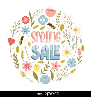 A card with a composition in the shape of a circle with simple spring flowers, twigs, herbs, leaves and bees.Hand lettering phrase - Spring sale. Colo Stock Vector