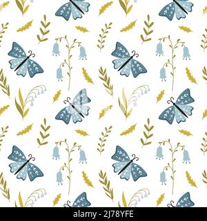 Seamless pattern with hand-drawn cute blue butterflies, spring flowers, lily of the valley, bluebell, herbs and twigs. For wrapping paper, scrapbookin Stock Vector