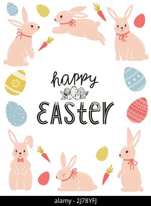Easter greeting card with different cute Easter bunnies, Easter eggs, with hand-drawn pattern and hand lettering phrase - Happy Easter. Color flat car Stock Vector