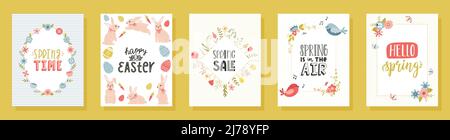 A set of Easter greeting cards with handwritten phrases, Easter bunnies, flowers, birds, floral frame. Happy Easter, hello spring. Vector illustration Stock Vector