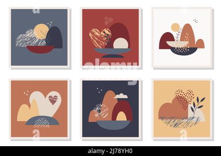 A set of postcards with abstract, textural shapes and elements, a heart, a twig, a mountain. Natural landscape in boho style. Square poster. Minimalis Stock Vector