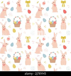 Seamless pattern with cute cartoon bunnies and Easter eggs, wicker basket and texture strokes. For wrapping paper, textiles, souvenirs. Color vector i Stock Vector