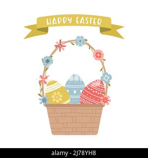 Easter greeting card. A cute wicker basket decorated with flowers and decorated with Easter eggs. The inscription on the ribbon is Happy Easter. Color Stock Vector
