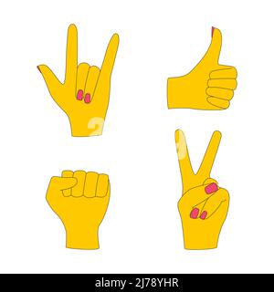 Hands depicting different gestures. Victory, goat, I love you, rock, like, clenched fist, thumbs up. Symbols of solidarity, support, approval. Color v Stock Vector