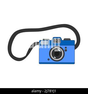 Vintage camera for with a strap. The symbol of the 90s. Retro photo camera. A flat icon with an outline. Color vector illustration isolated on a white Stock Vector