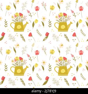 Seamless pattern with cute cartoon illustrations. Green watering can, spring flowers, tulips, daffodils, poppies. Colored backdrop. Cartoon vector ill Stock Vector