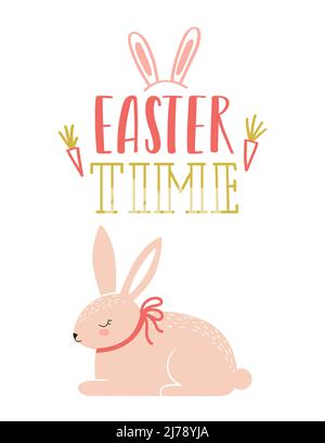 Easter greeting card with a cute pink Easter bunny sleeping in the grass and a hand lettering phrase - Easter time. Color flat cartoon vector illustra Stock Vector